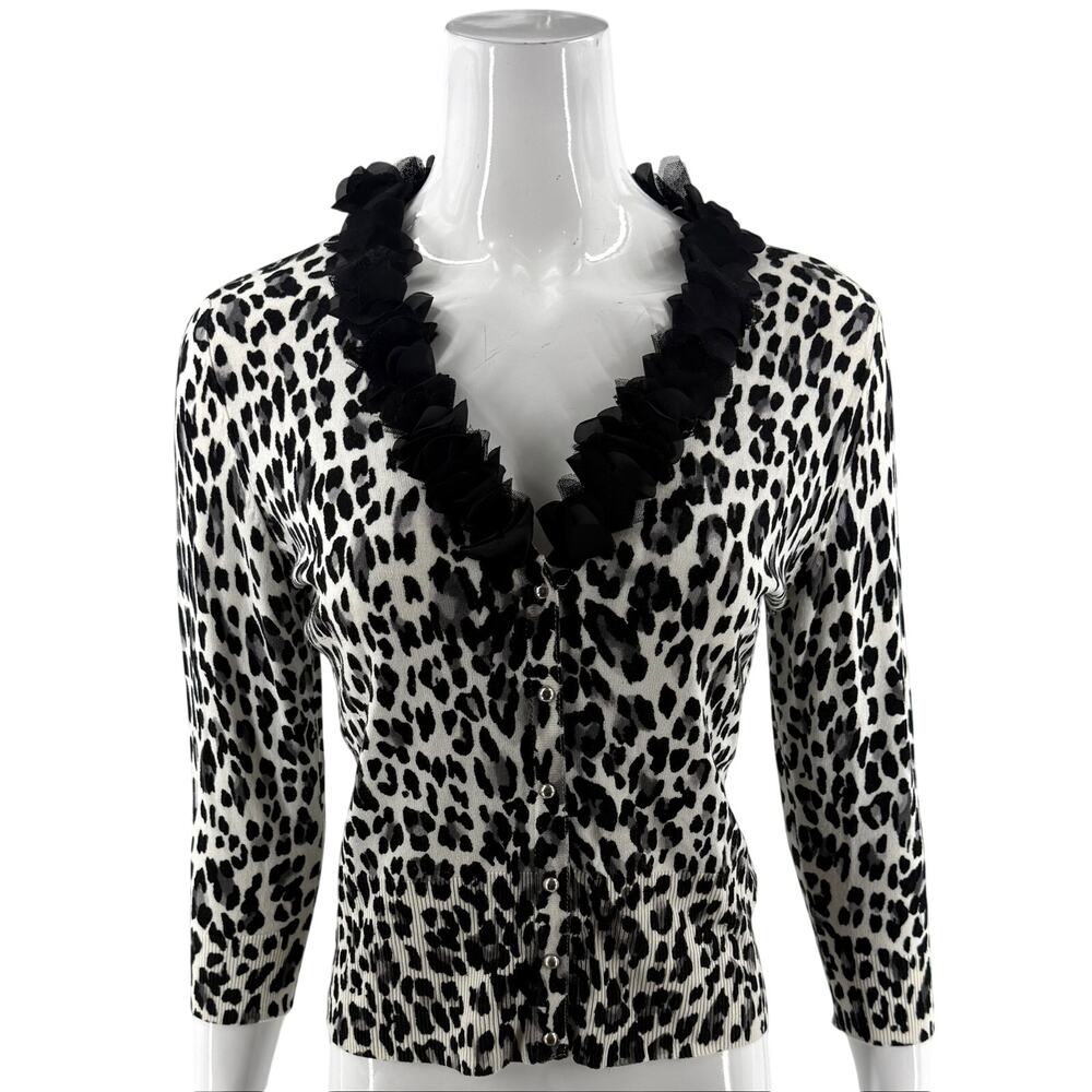 White House Black Market Cardigan Sweater Small Black White Leopard Ruffle Neck